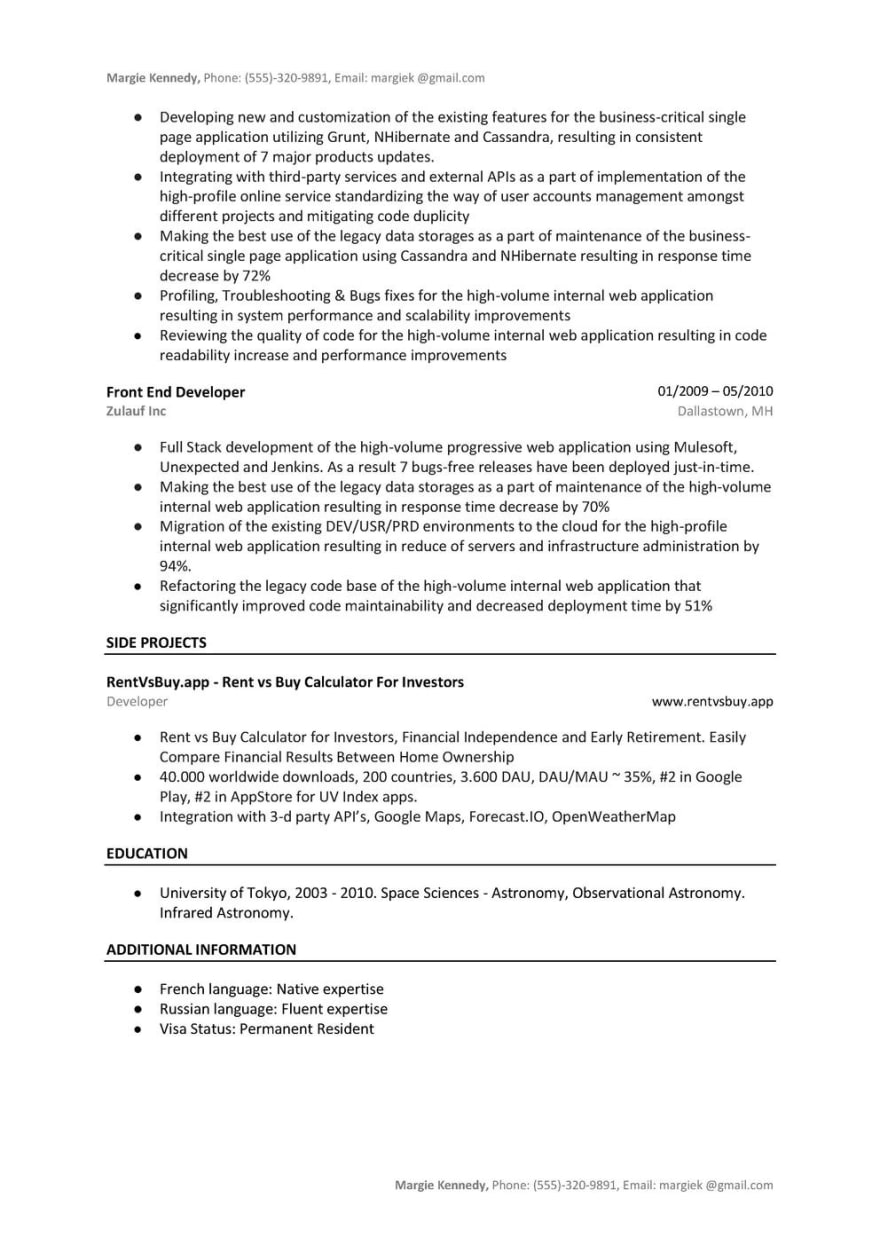 Front End Developer Resume Sample & Template Word PDF