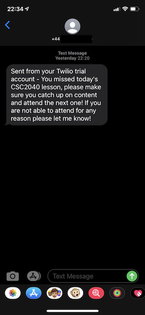 Screenshot of messages application on iOS with automated SMS conversation from Twilio mobile number