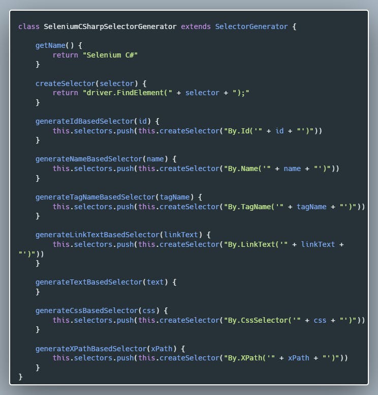 Selenium CSharp Selector Generator Class JavaScript Source Code