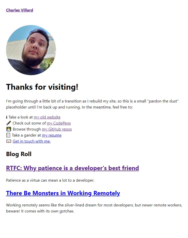The homepage of charlesvillard.co with blog articles from dev.to by "cdvillard" listed