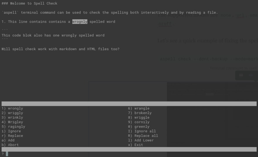Running aspell with the markdown file