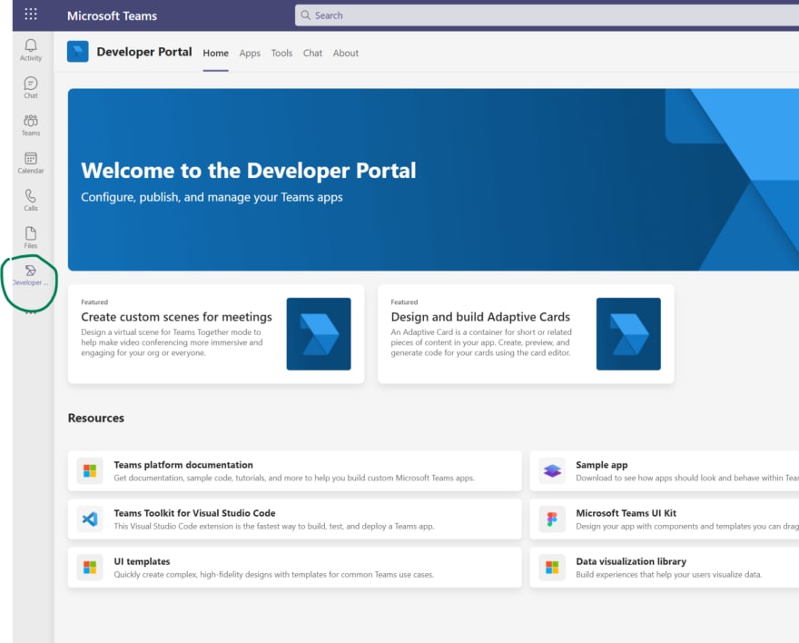 Devportal added as an app inside teams