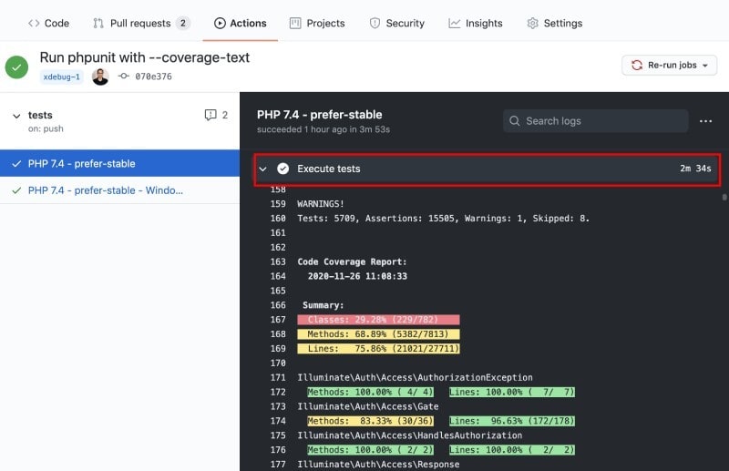 Laravel Framework PHPUnit tests with Xdebug code coverage took 2 mins 34 seconds