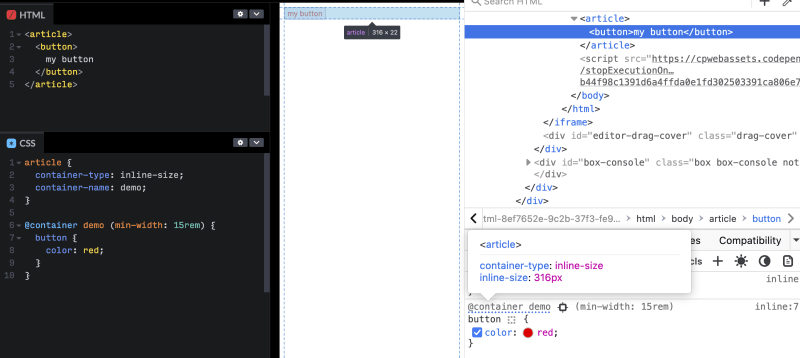 Example Firefox devtools for container query