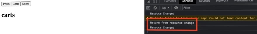 Image shows console output of React code. Return from resource change is logged first then resource change is logged