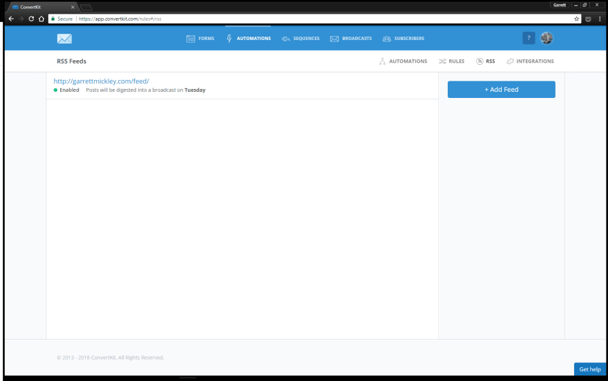 RSS page of ConvertKit