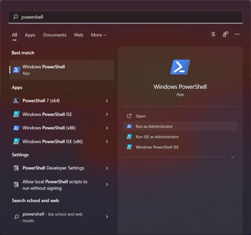 从开始菜单搜索 PowerShell