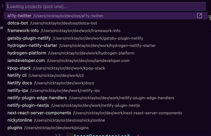 List of projects that the Project Manager VS Code extension is aware of