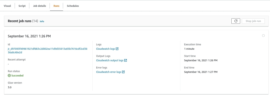 AWS Glue Studio - job run finished