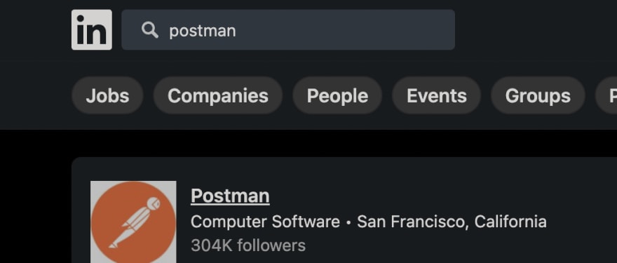Screenshot showing a LinkedIn example search for Postman