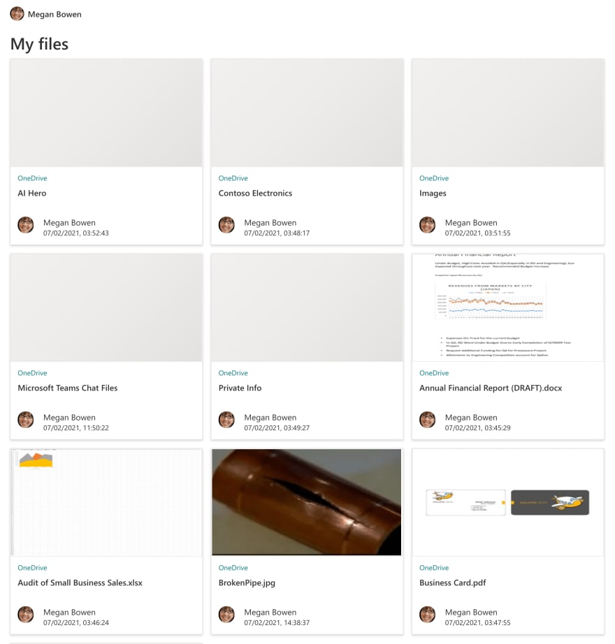 List of files displayed as document cards in the browser. Cards are showing the file's thumbnail, location and the avatar of the person who last modified the file