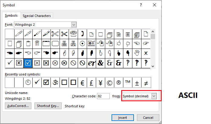 Symbol ASCII Code