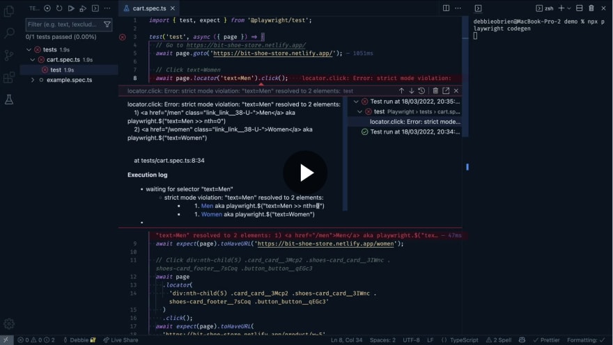 Video showing tests failing in vs code