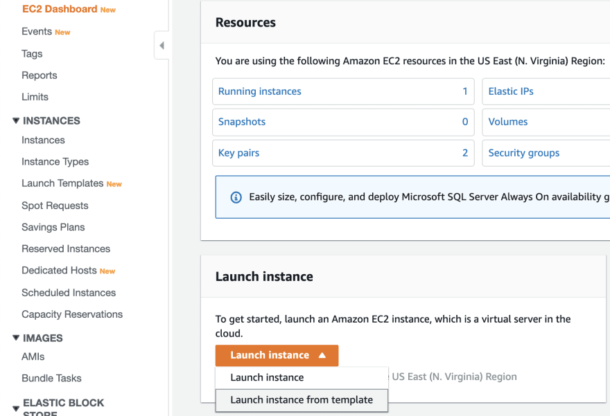 Image of Launch Instance button clicked showing drop-down menu