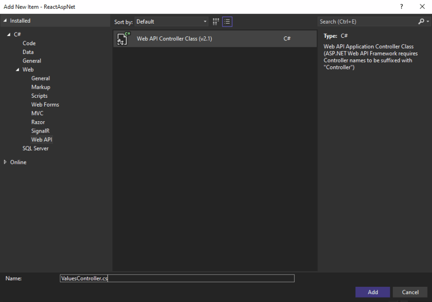 Creating new Web API Controller Class item