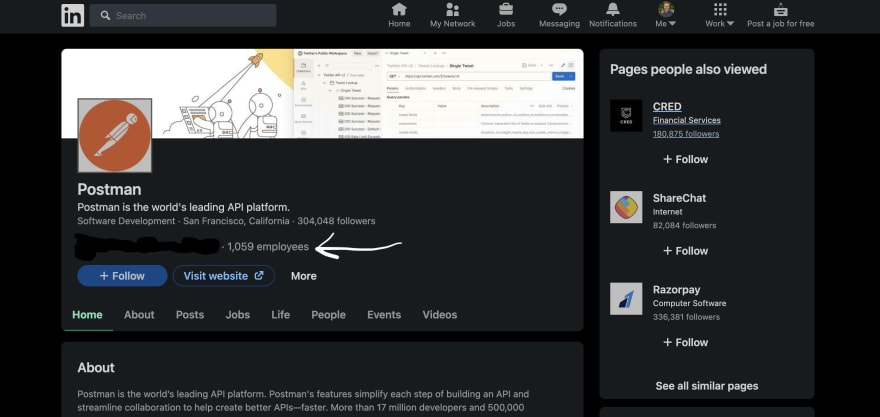 Screenshot of a LinkedIn company page and arrow pointing to where to click to see their employees