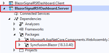 Install the Syncfusion.Blazor NuGet package in the server project