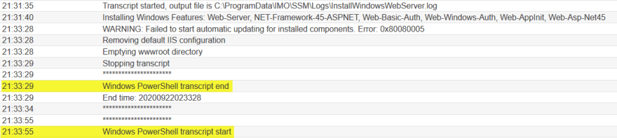 Default log output with highlighting