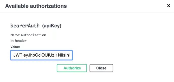 Swagger JWT input modal filled in with JWT token