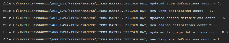 Screenshot of a log output file from the XM Cloud CM log files. One of the visible log lines starts contains the text "ITEMS.MASTER.UNICORN.DAT, new item definitions count = 0"