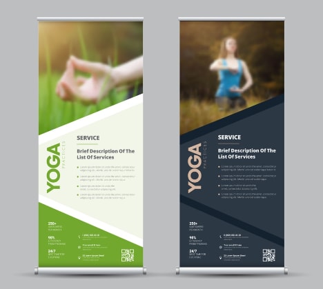 Image displaying two banners with QR codes on the bottom-right corner