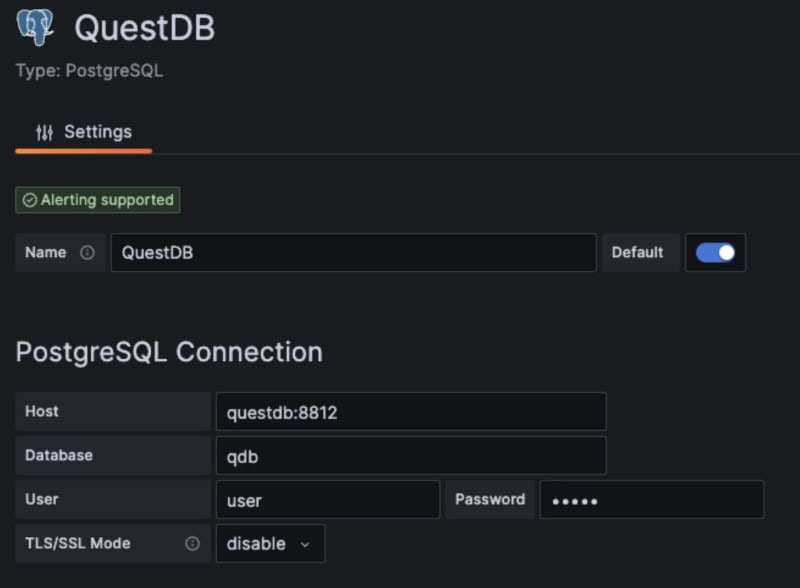 Grafana UI -- entering SQL credentials as above described