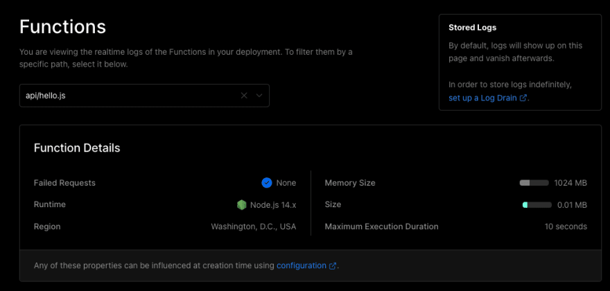 Viewing a function configuration on Vercel