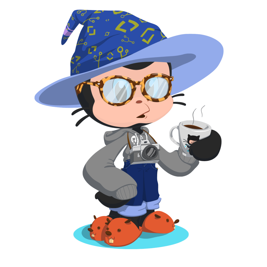 dave as an octocat with wizard hat, hoodie, and a cup of coffee