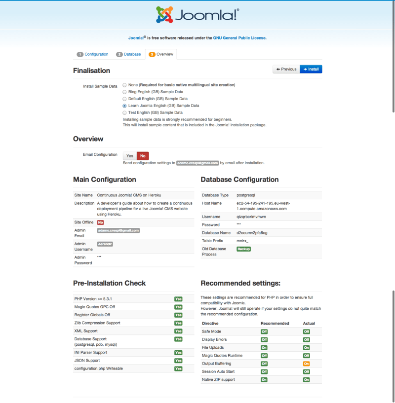 Continuous Joomla CMS on Heroku - INstallation