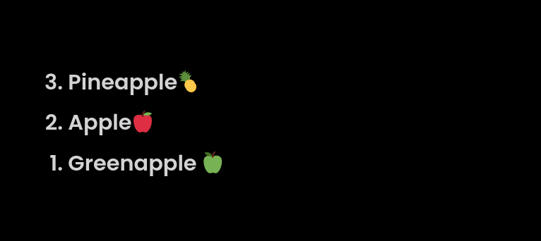 list numbers starting in reversed order starting from 3 and ending at 1 instead of 1 to 3