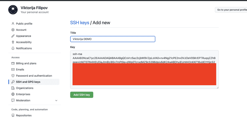 (Go to your profile and settings, open SSH and GPG keys window and paste your public key that was previously copied by running second command on previous picture)