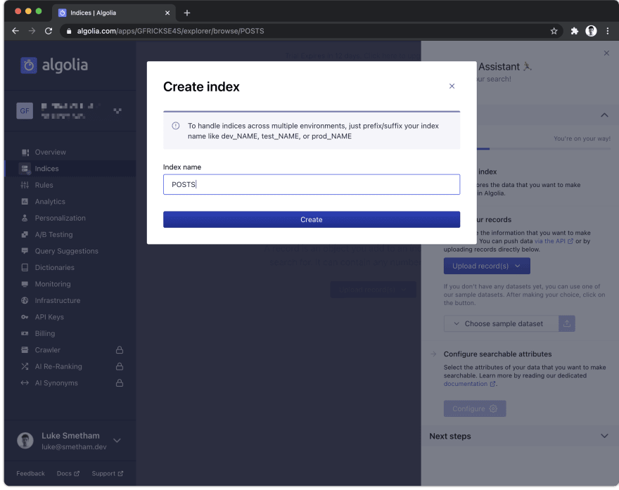 Creating an Algolia Index