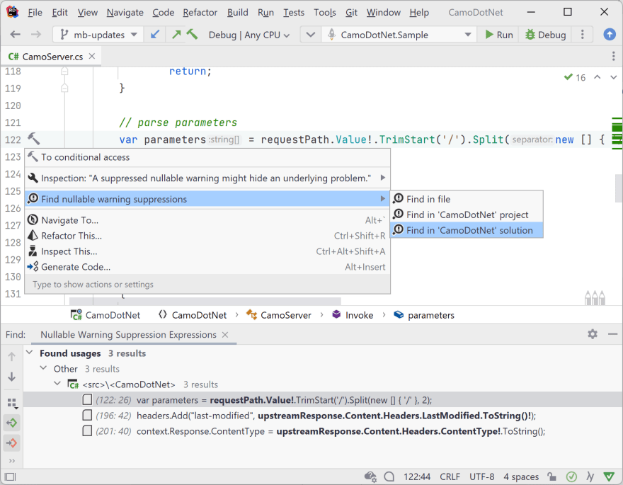 Rider - Find nullable warning suppressions in project or solution
