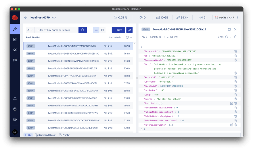 Stored Tweets in RedisInsight