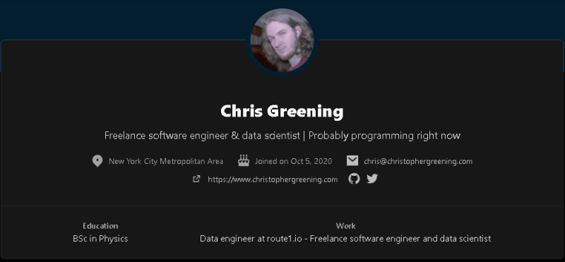 Screenshot of Chris Greening's profile on DEV.to