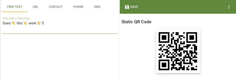 QR generator input box with emojis and the generated QR Code