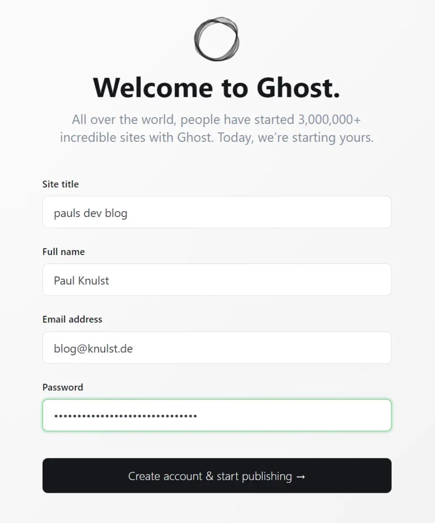 Installed Ghost Blogging Platform admin menu registration form