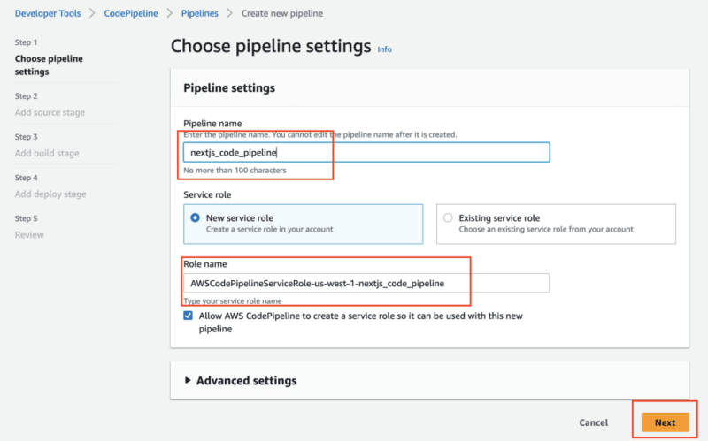 CodePipeline settings