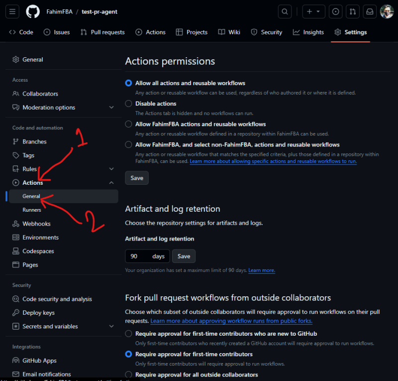 GitHub action settings