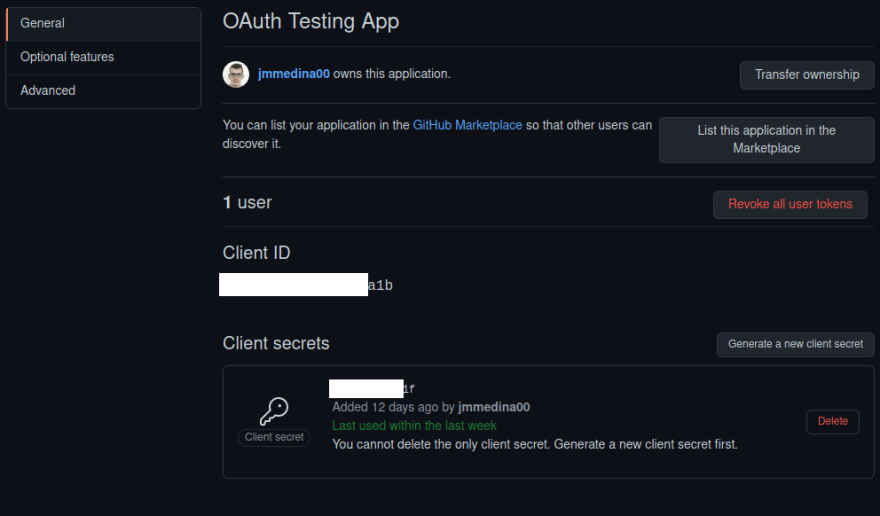 How the credentials page for an OAuth App in GitHub looks