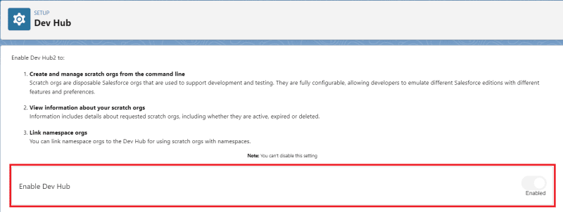 Enable the Enable Dev Hub option