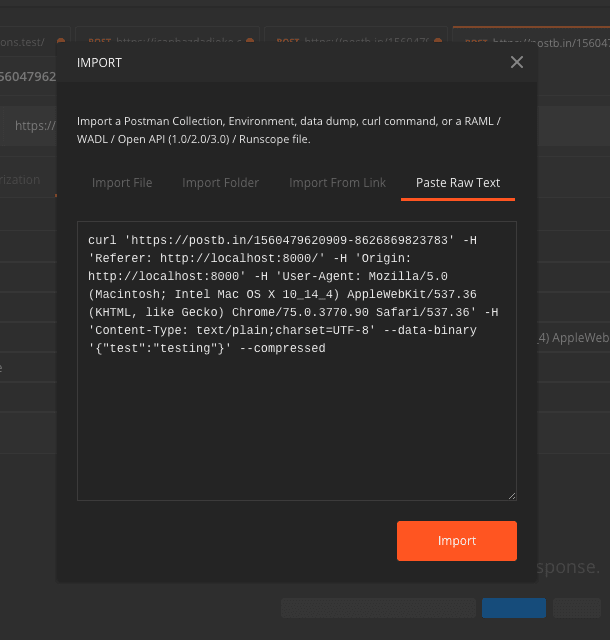 Postman modal with raw cURL request pasted in