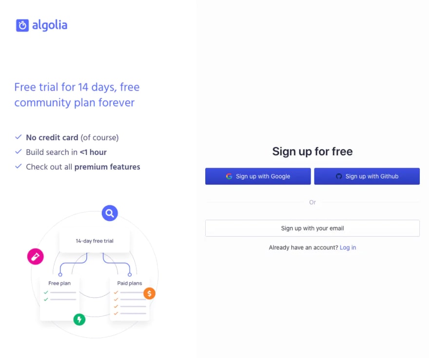 A screenshot of the Algolia website sign up screen.