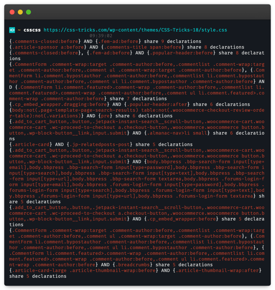 Screenshot of csscss tool.
