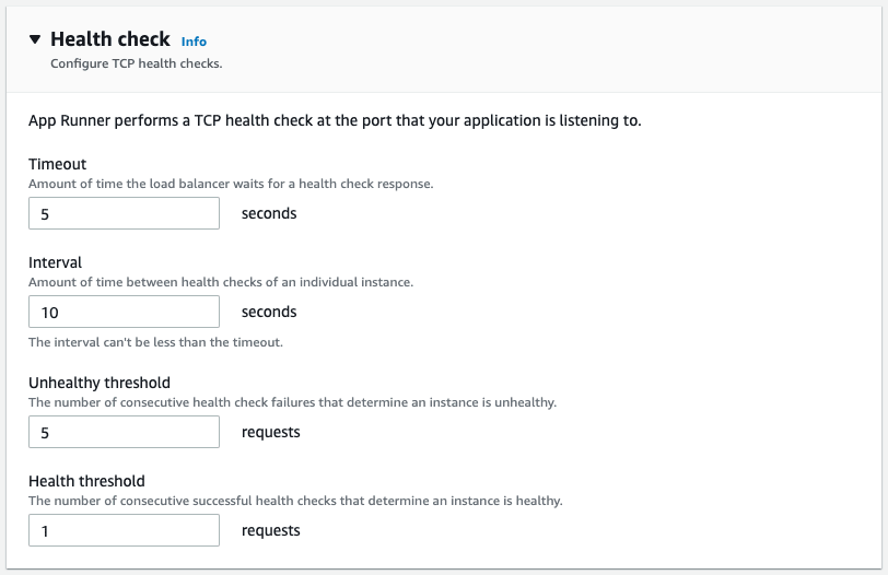 AWS App Runner console - health check section
