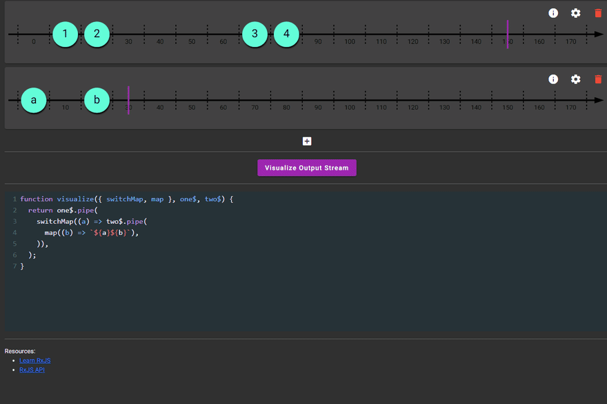 Example usage of RxTutor to visualize the RxJS switchMap operator