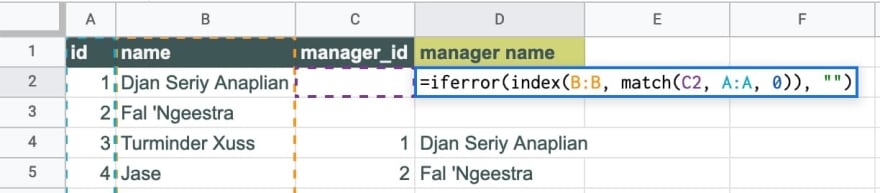 google sheets with INDEX and MATCH formula for self-join employees table