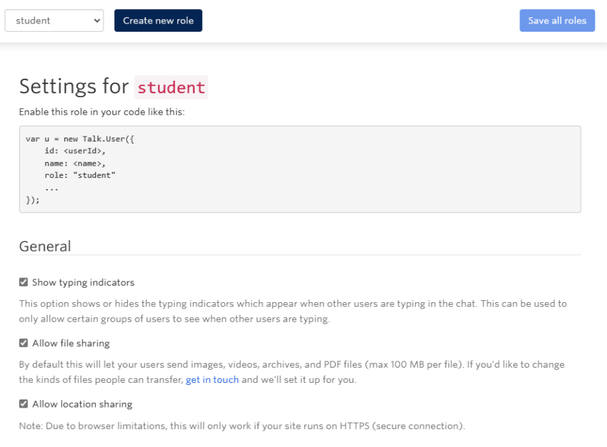 TalkJS role settings