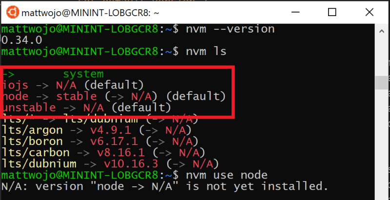 Versiones de NodeJS instaladas