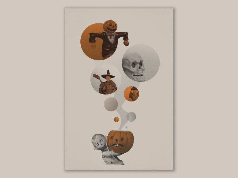 image of vintage retro design of spooky skeletons and pumpkin art deco collage